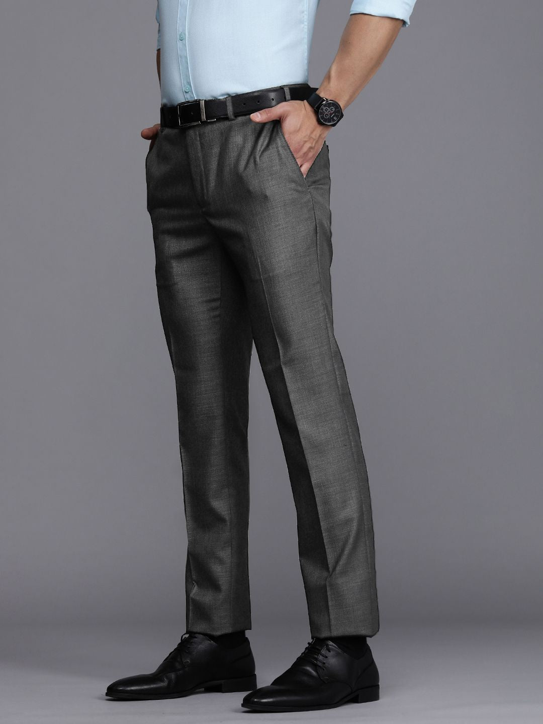Raymond Men Charcoal Grey Textured Slim Fit Formal Trousers