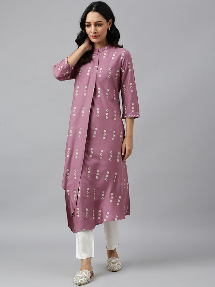 W Women Purple Quirky Printed Asymmetric Kurta