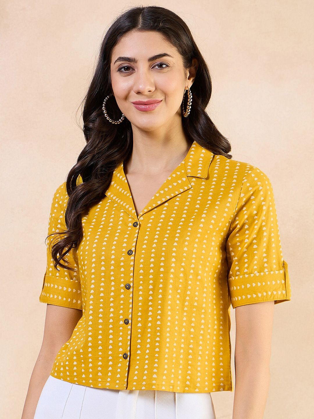 Anouk Geometric Print Roll-Up Sleeves Cotton Top