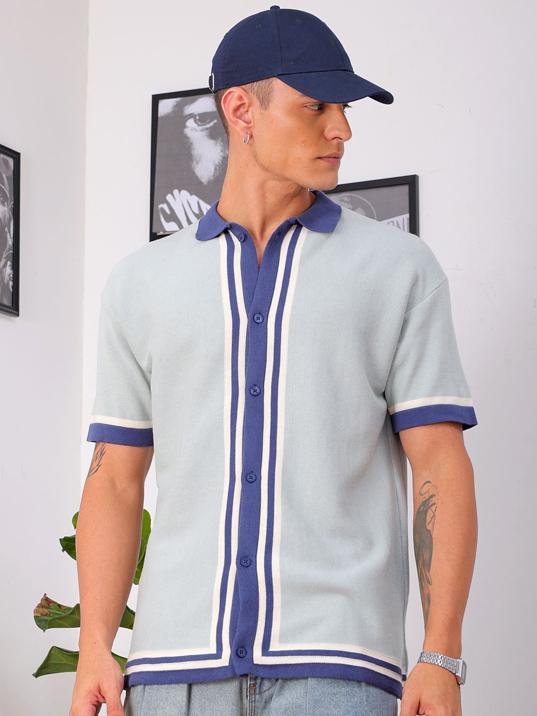 The Indian Garage Co Men Relaxed Fit Striped Flat Knit Polo Resortwear Shirt