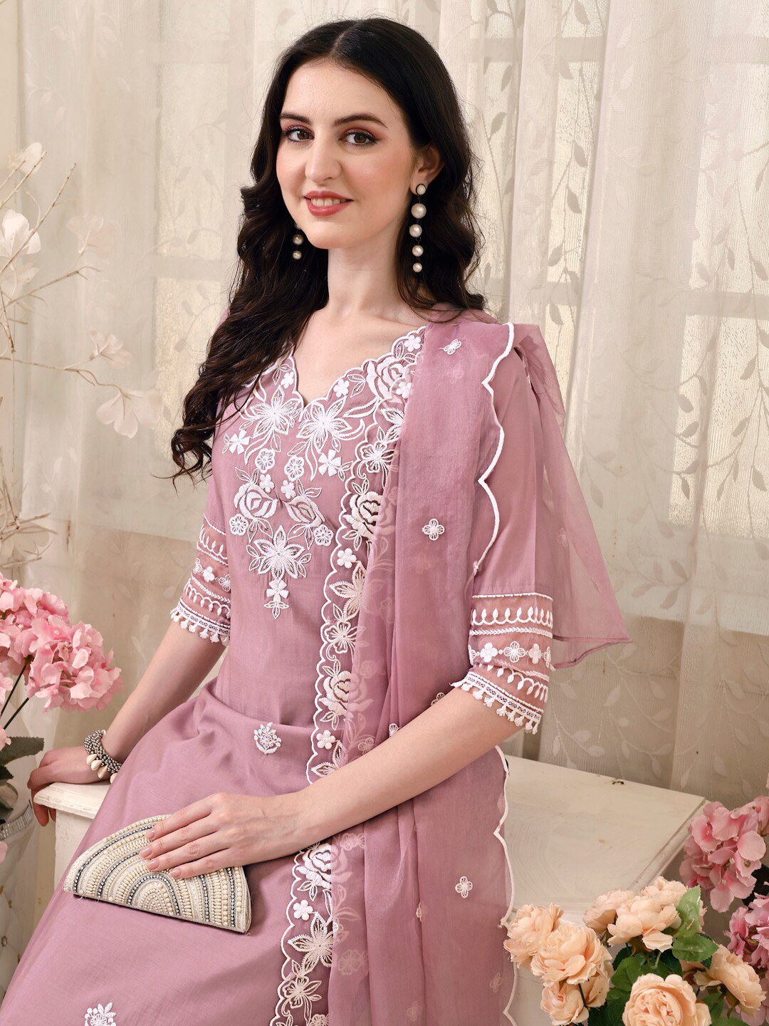 KALINI Floral Embroidered Thread Work Chanderi Cotton Kurta with Trousers & With Dupatta
