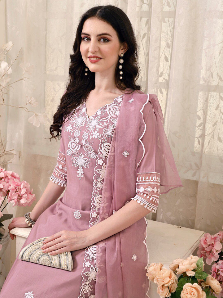 KALINI Floral Embroidered Thread Work Chanderi Cotton Kurta with Trousers & With Dupatta