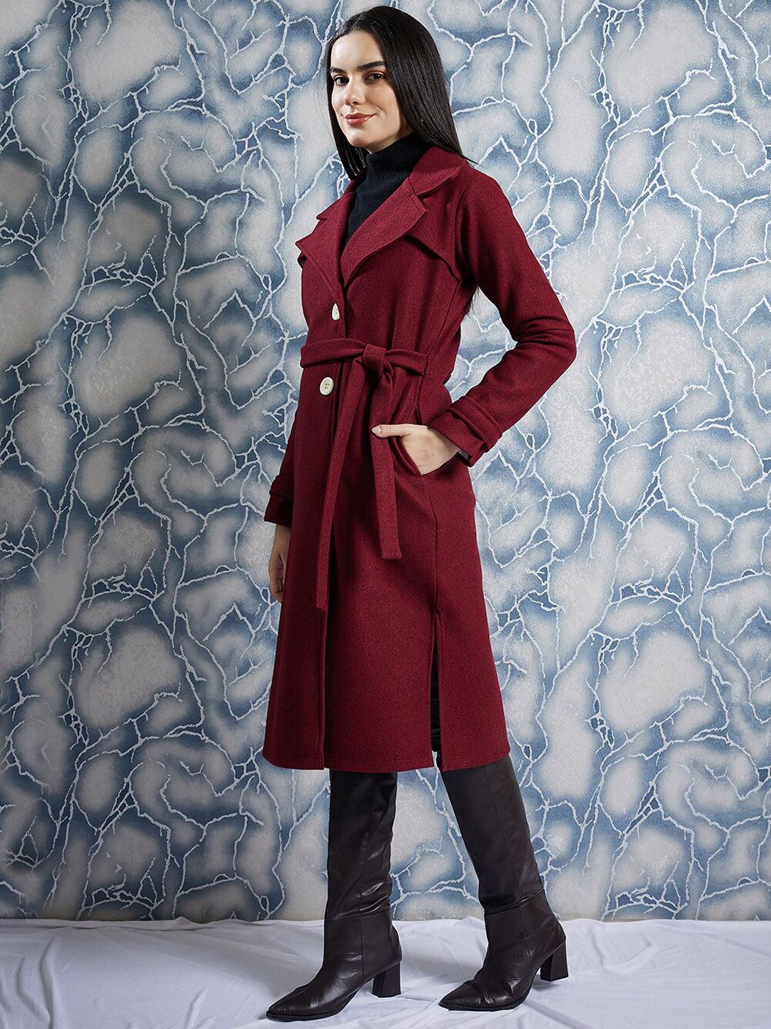 Athena Maroon Notched Lapel Collar Woollen Single Breasted Trench Coat