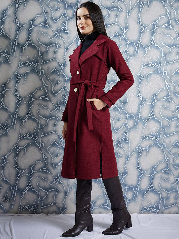 Athena Maroon Notched Lapel Collar Woollen Single Breasted Trench Coat