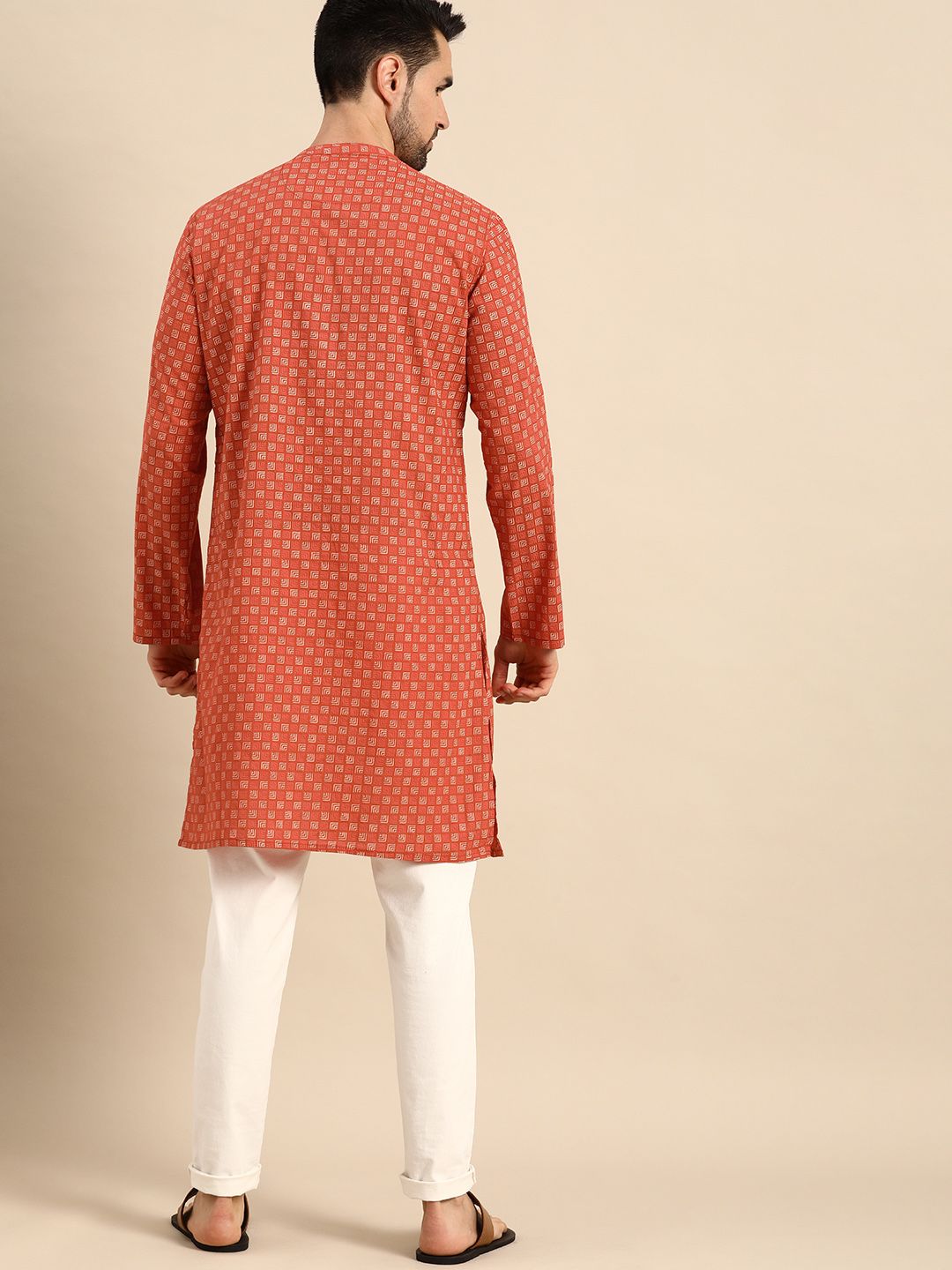 Anouk Men Rust Orange & Off White Geometric Printed Pure Cotton Kurta