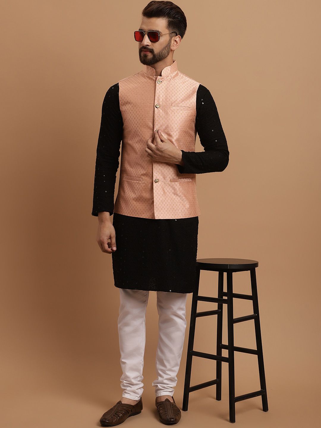SOJANYA Ethnic Embroidered Sequinned Pure Cotton Kurta & Churidar With Nehru Jacket