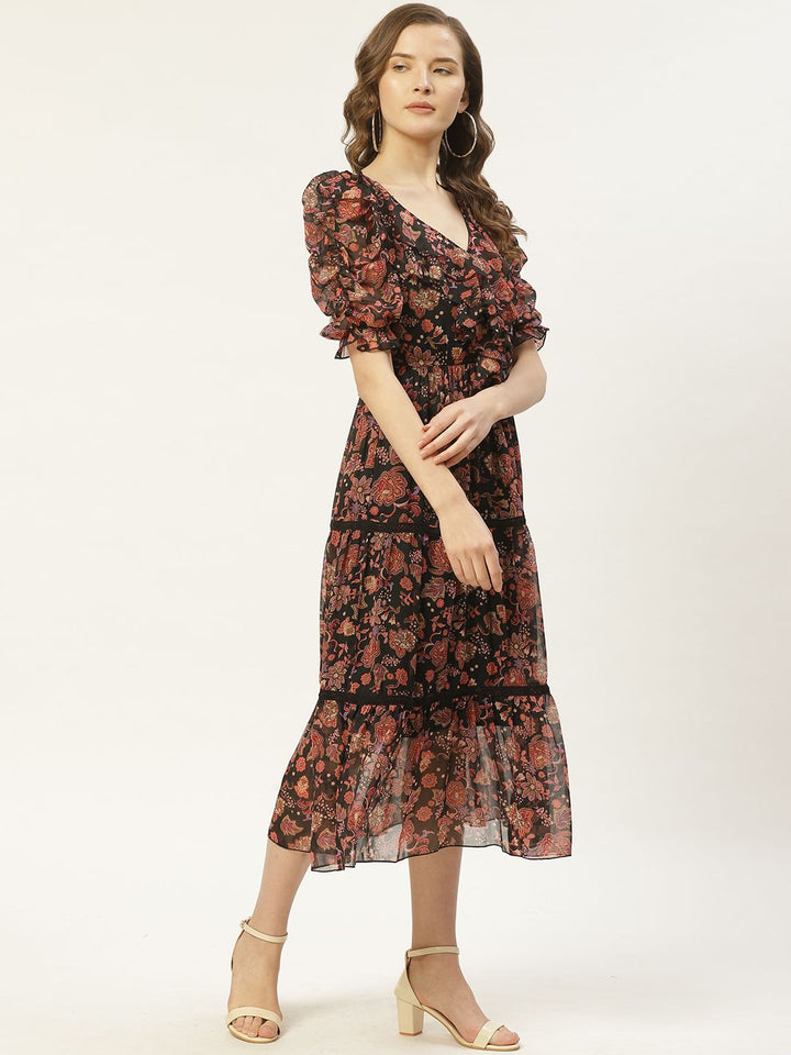 Antheaa Black & Rust Orange Floral Print Tiered Midi Fit & Flare Dress with Ruffles