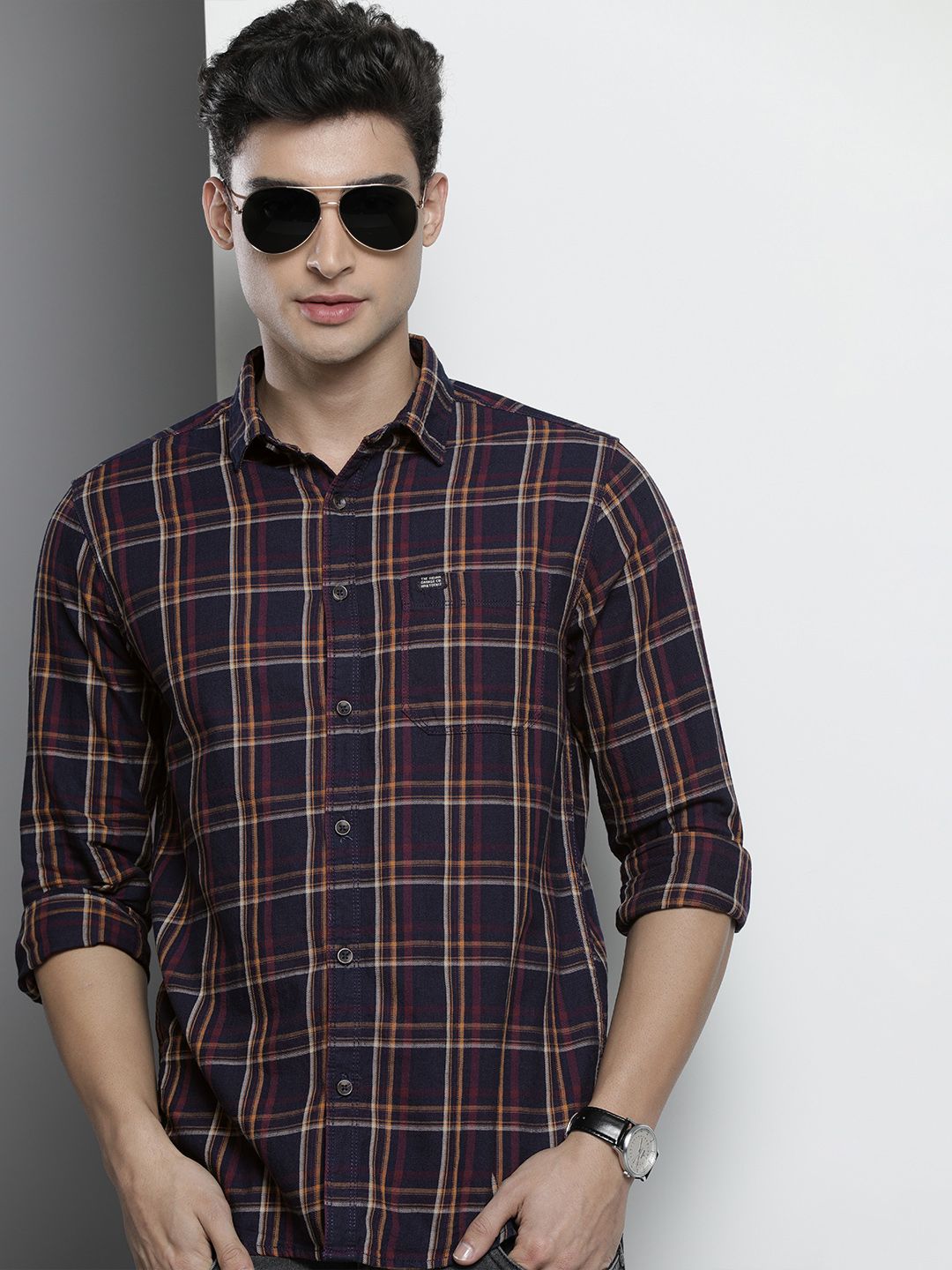 The Indian Garage Co Men Navy Blue & Yellow Checked Casual Shirt
