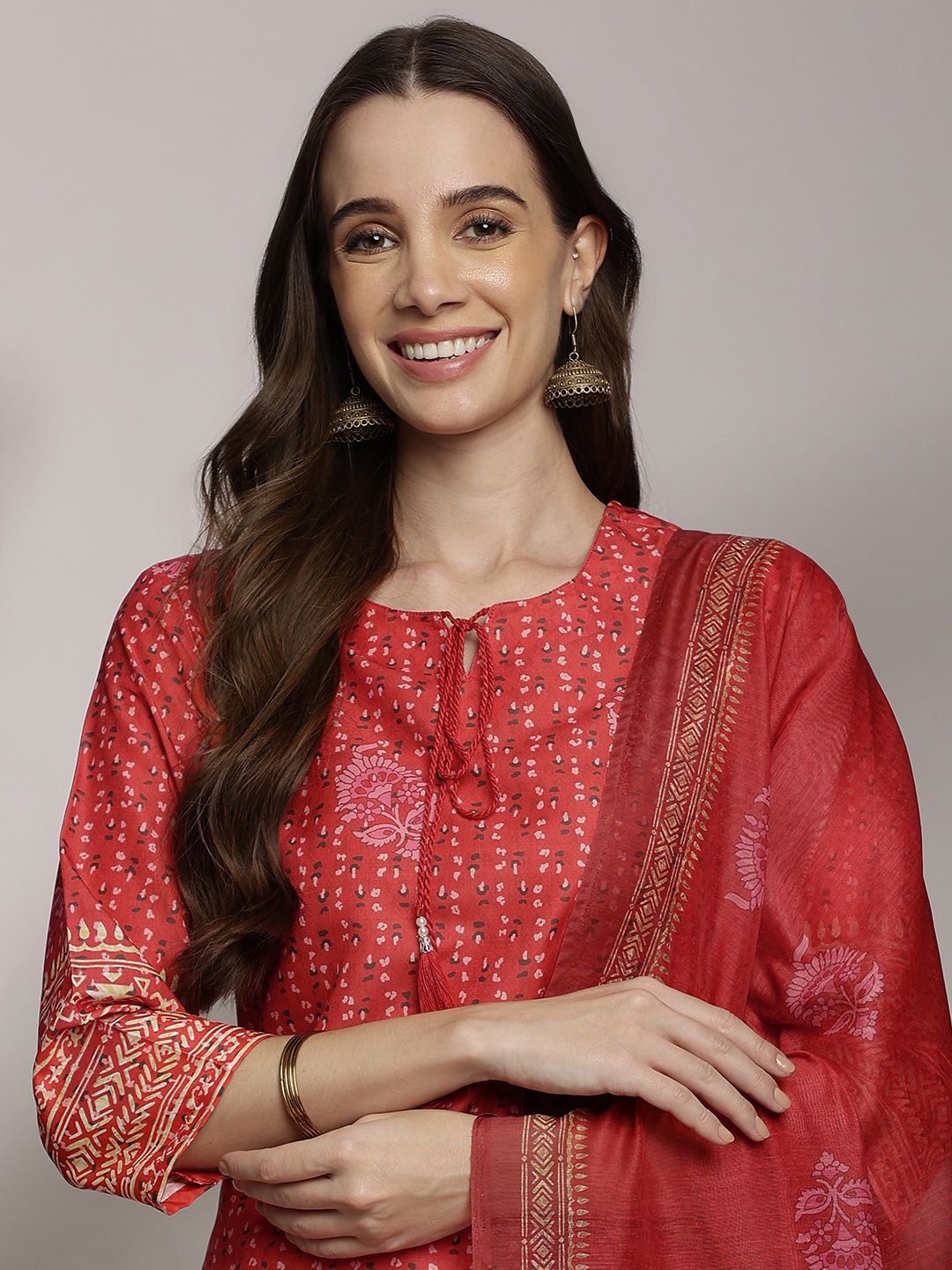 Anouk Women Ethnic Motifs Print Tie-Up Neck Kurta with Trousers & With Dupatta