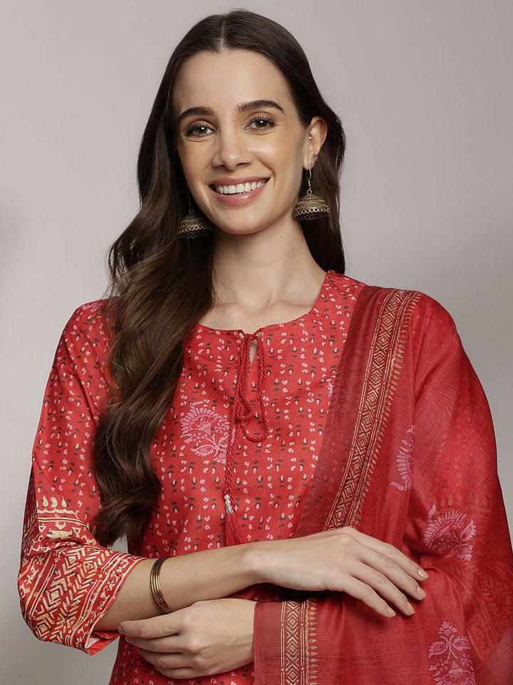 Anouk Women Ethnic Motifs Print Tie-Up Neck Kurta with Trousers & With Dupatta