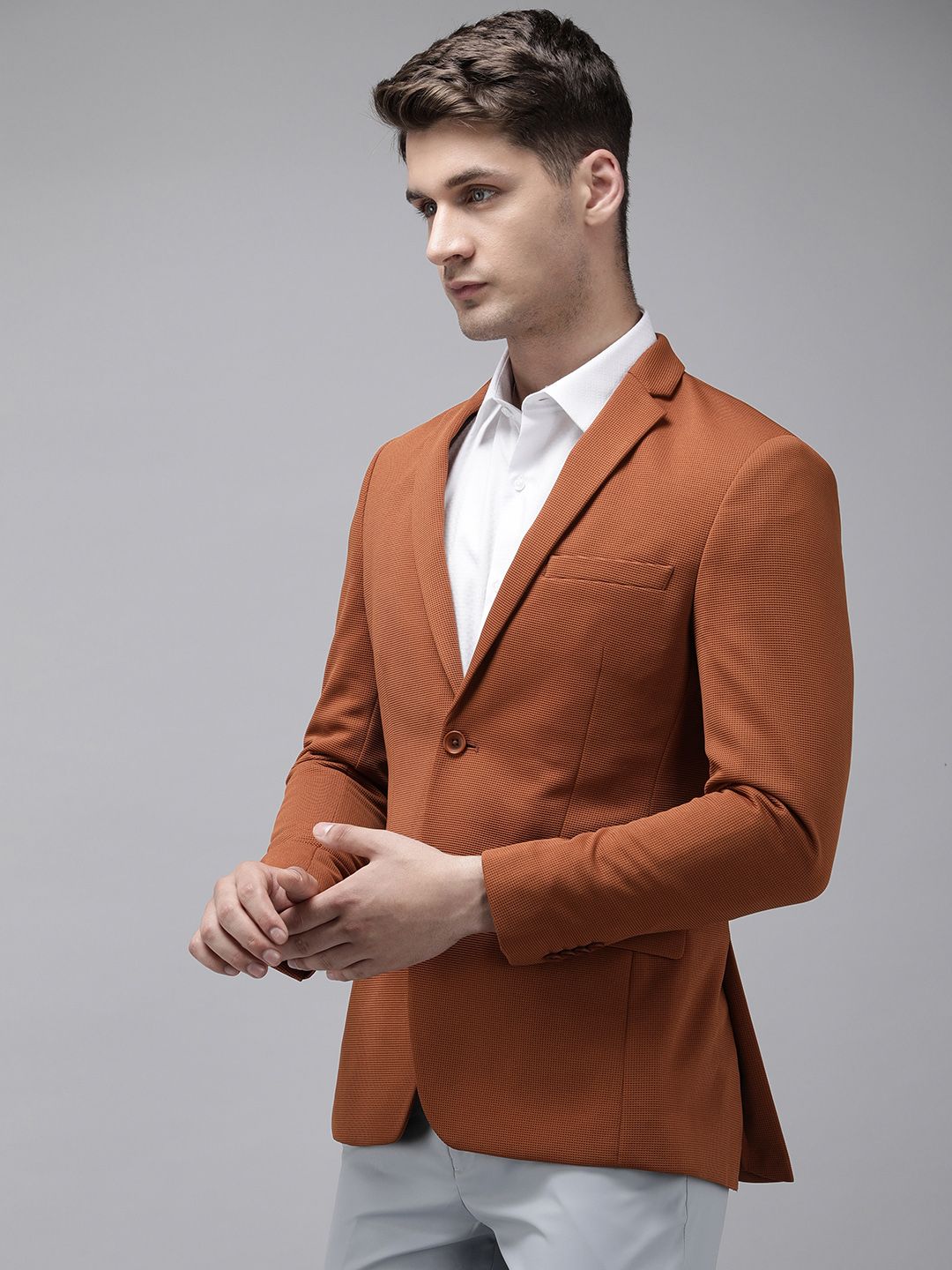 Park Avenue Self Design Textured Super Slim Fit Single Breasted Formal Blazer