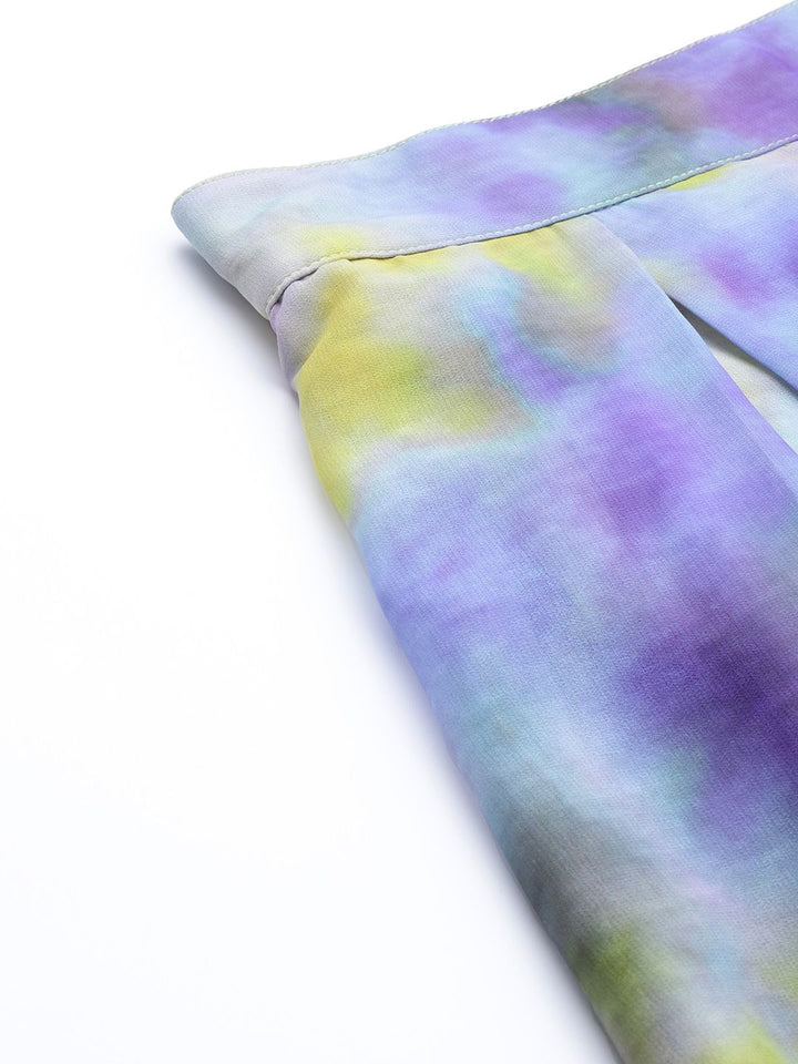 SASSAFRAS Women Purple & Yellow Dyed Wide Leg Pleated Palazzos