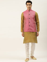 SOJANYA Lelaki Olive Brown & Pink Jacquard Ethnic Motifs Straight Kurta with Churidar
