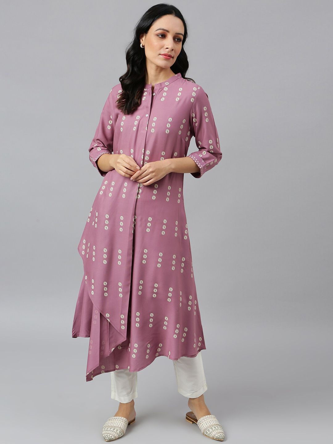 W Women Purple Quirky Printed Asymmetric Kurta