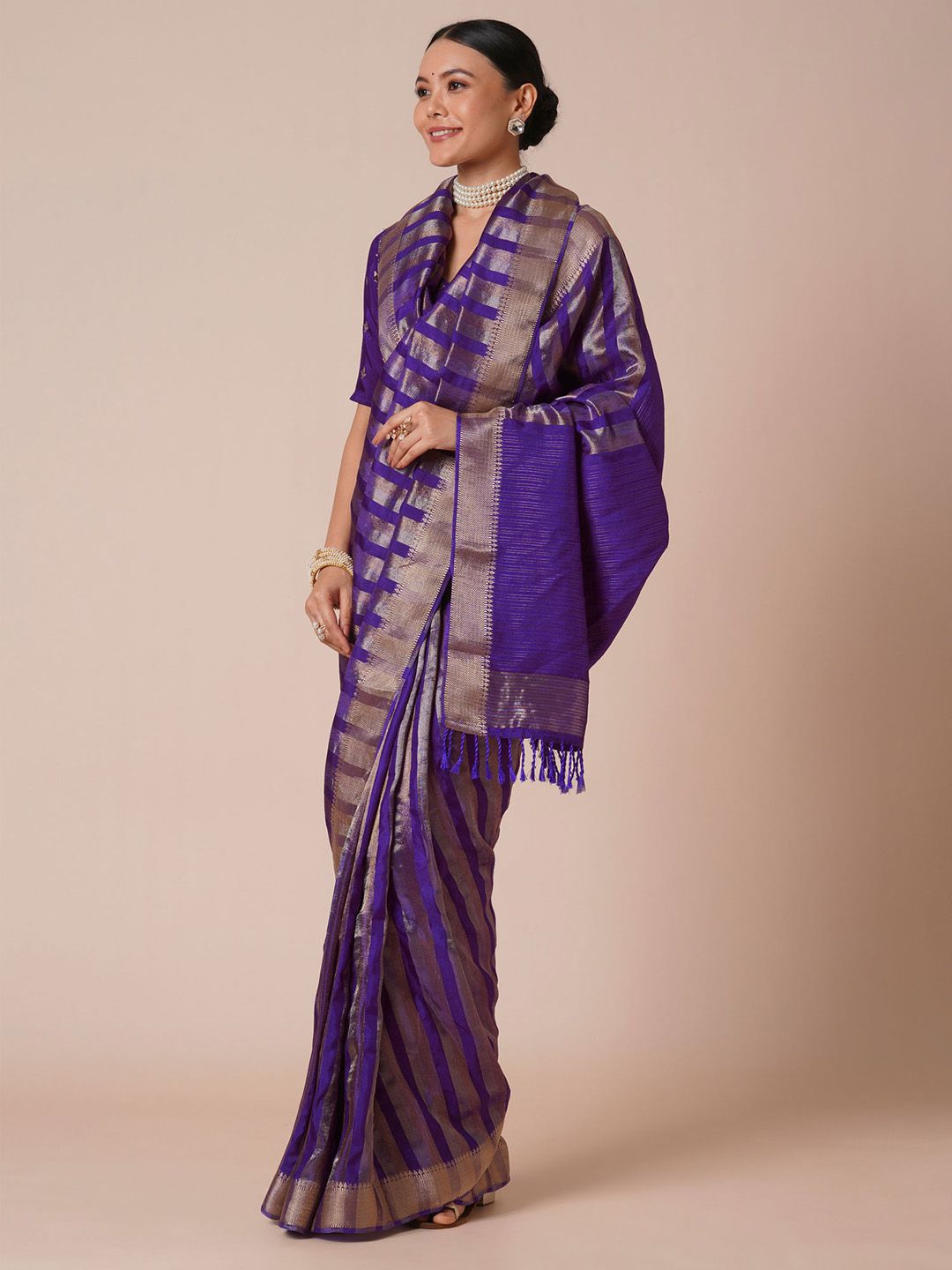 House of Pataudi Striped Woven Design Zari Banarasi Saree