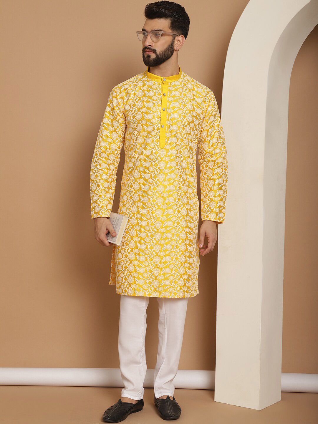 Anouk Floral Embroidered Regular Silk Straight Thread Work Kurta with Churidar