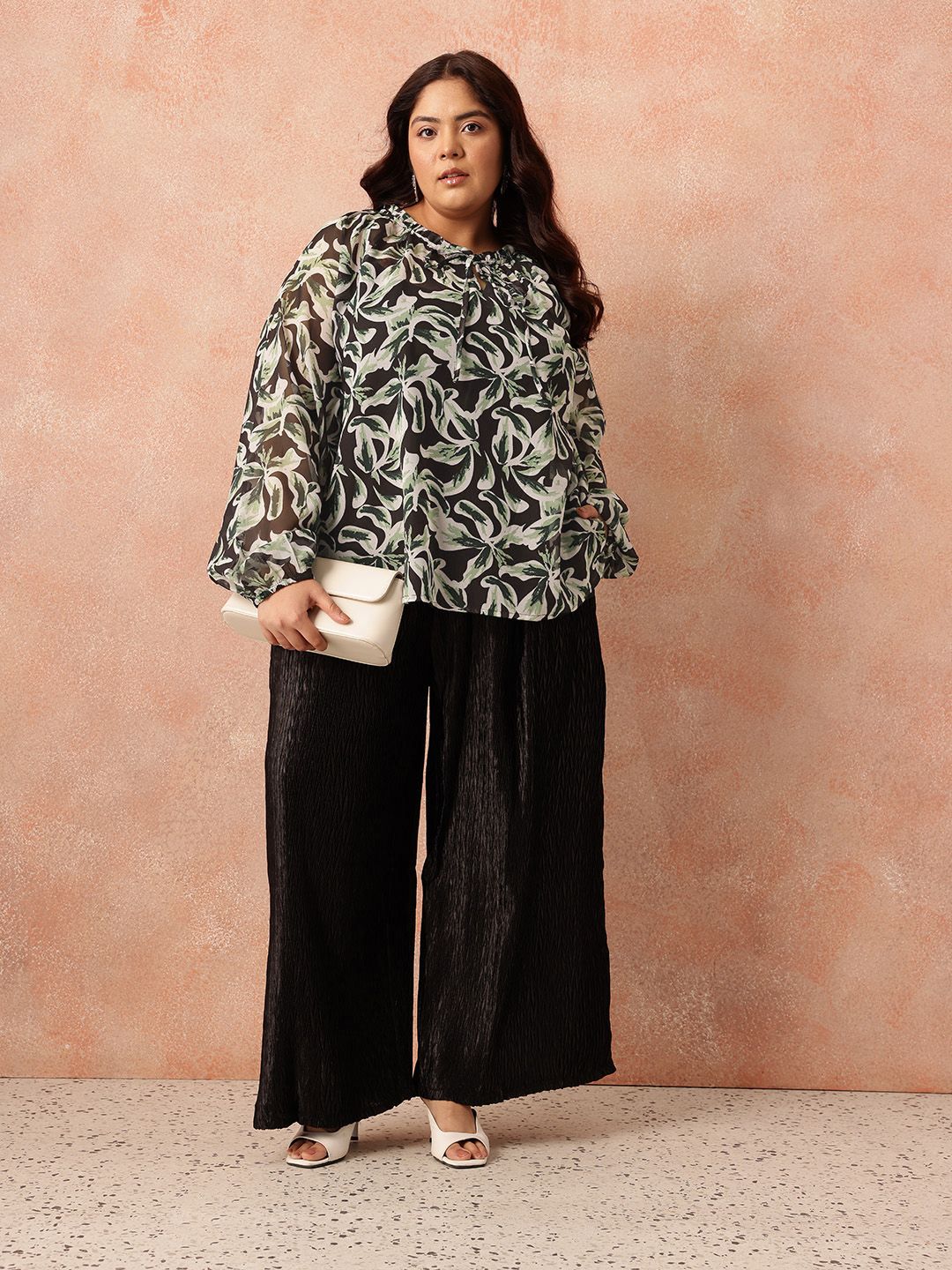 all about you Plus Size Floral Print Tie-Up Neck Raglan Sleeves Semi-Sheer Georgette Top