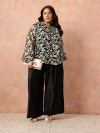 all about you Plus Size Floral Print Tie-Up Neck Raglan Sleeves Semi-Sheer Georgette Top