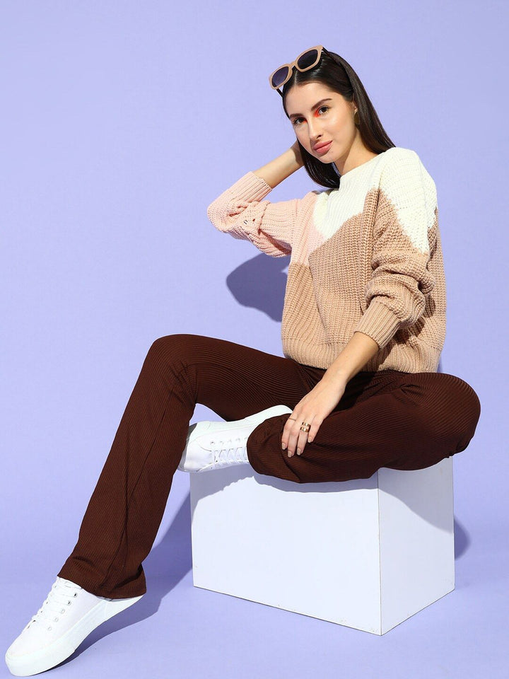 STREET 9 Women Brown & White Colourblocked Pullover