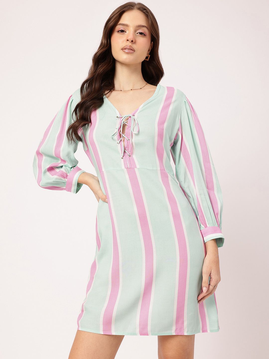DressBerry Modern Muse Lace-Ups Striped Sheath Mini Dress