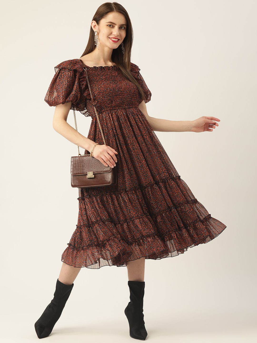 Antheaa Black & Orange Smocked Chiffon Midi Dress