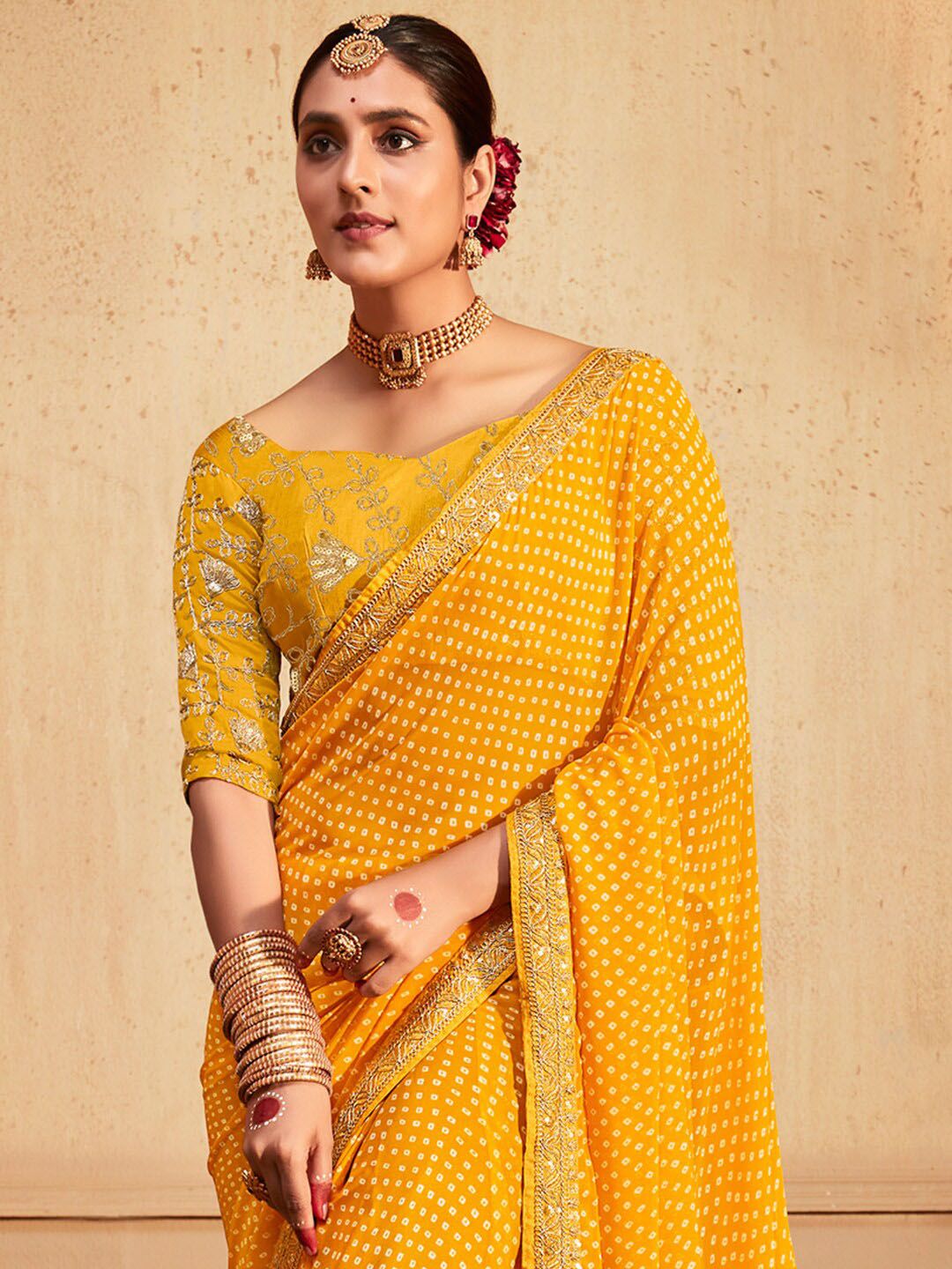 KALINI Printed Sequinned Poly Georgette Bandhani Saree