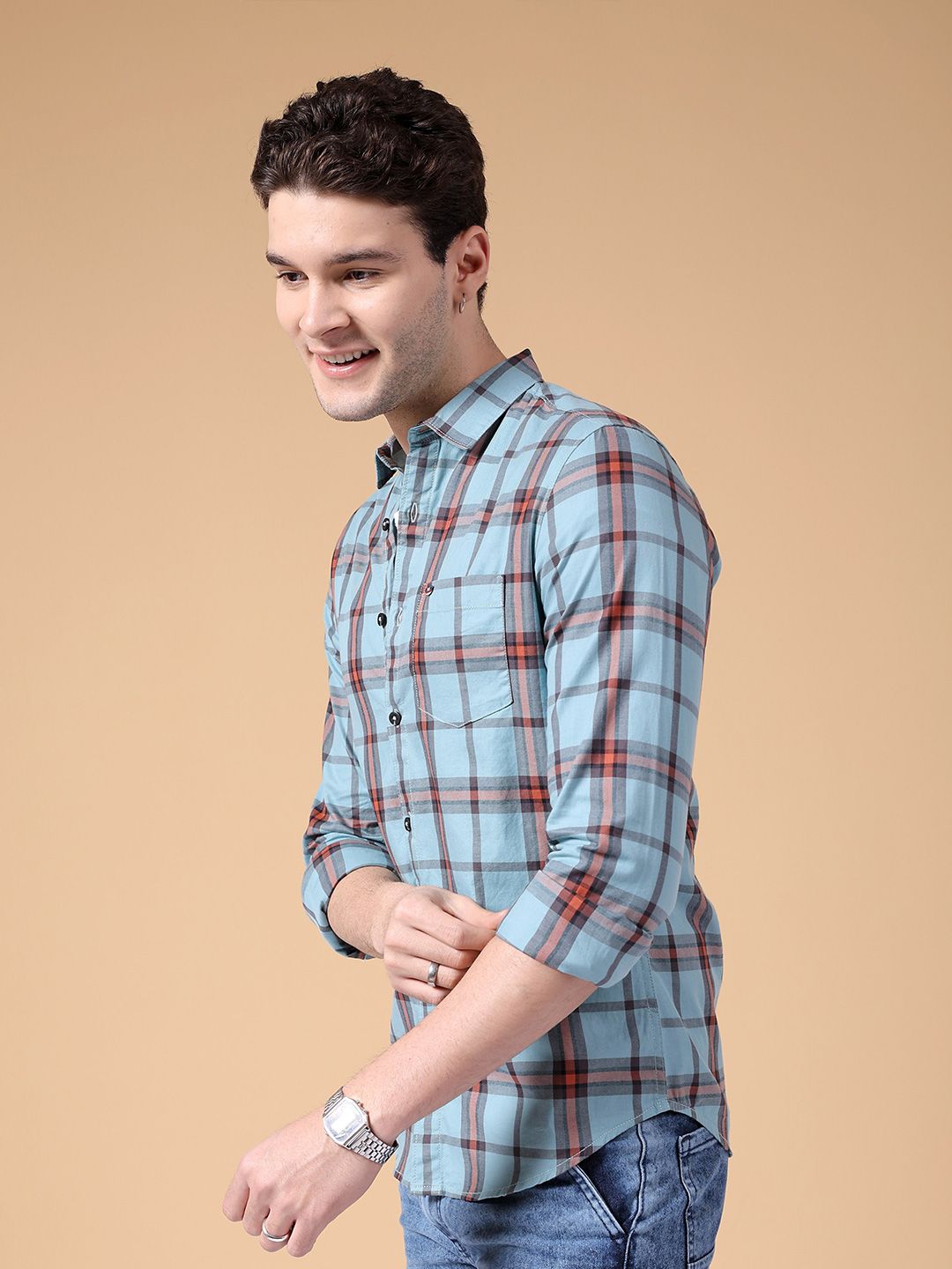 The Indian Garage Co Slim Fit Tartan Checked Pure Cotton Casual Shirt