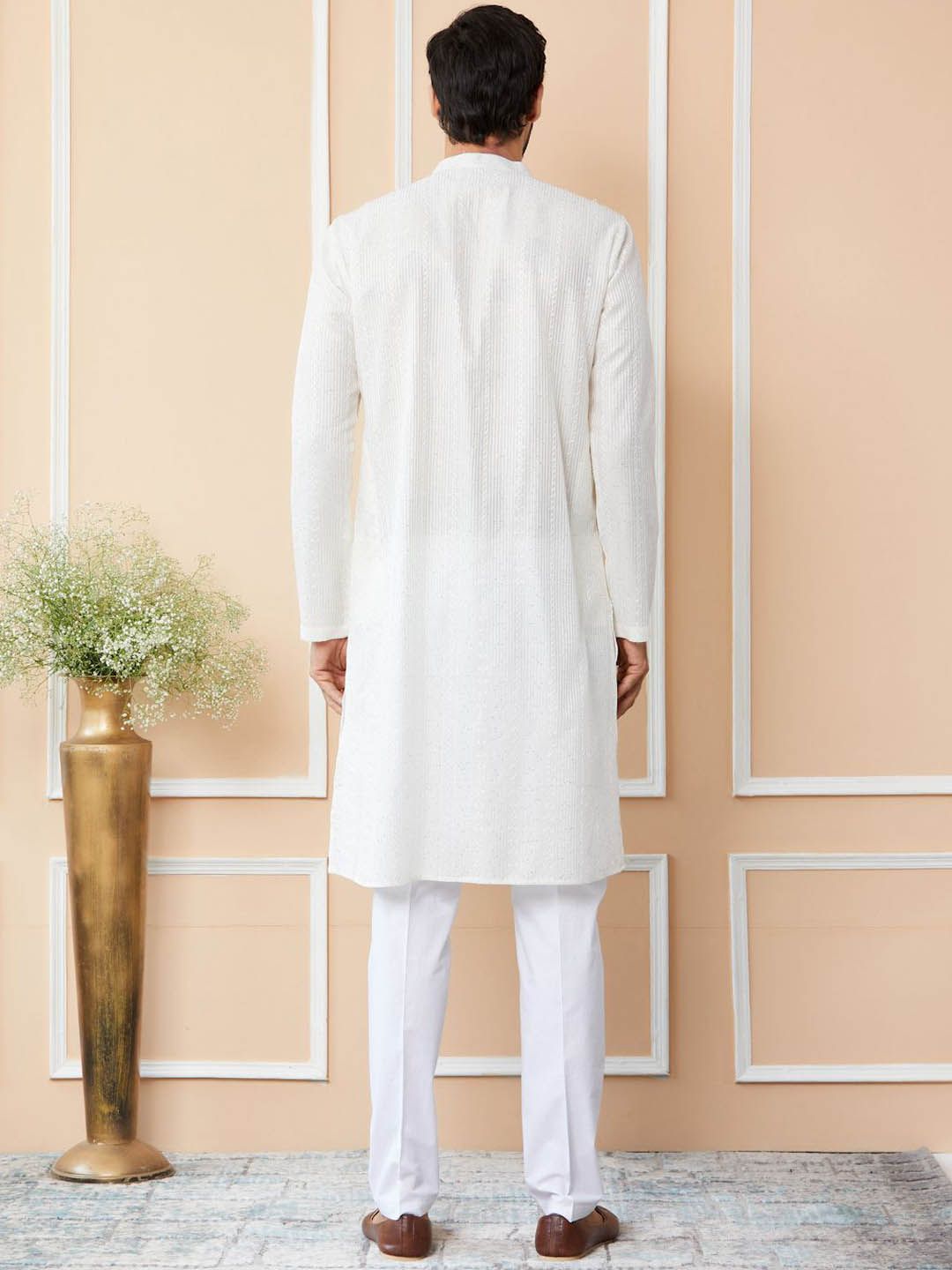 See Designs Striped Mandarin Collar Thread Work Chanderi Silk Straight Kurta With Trousers
