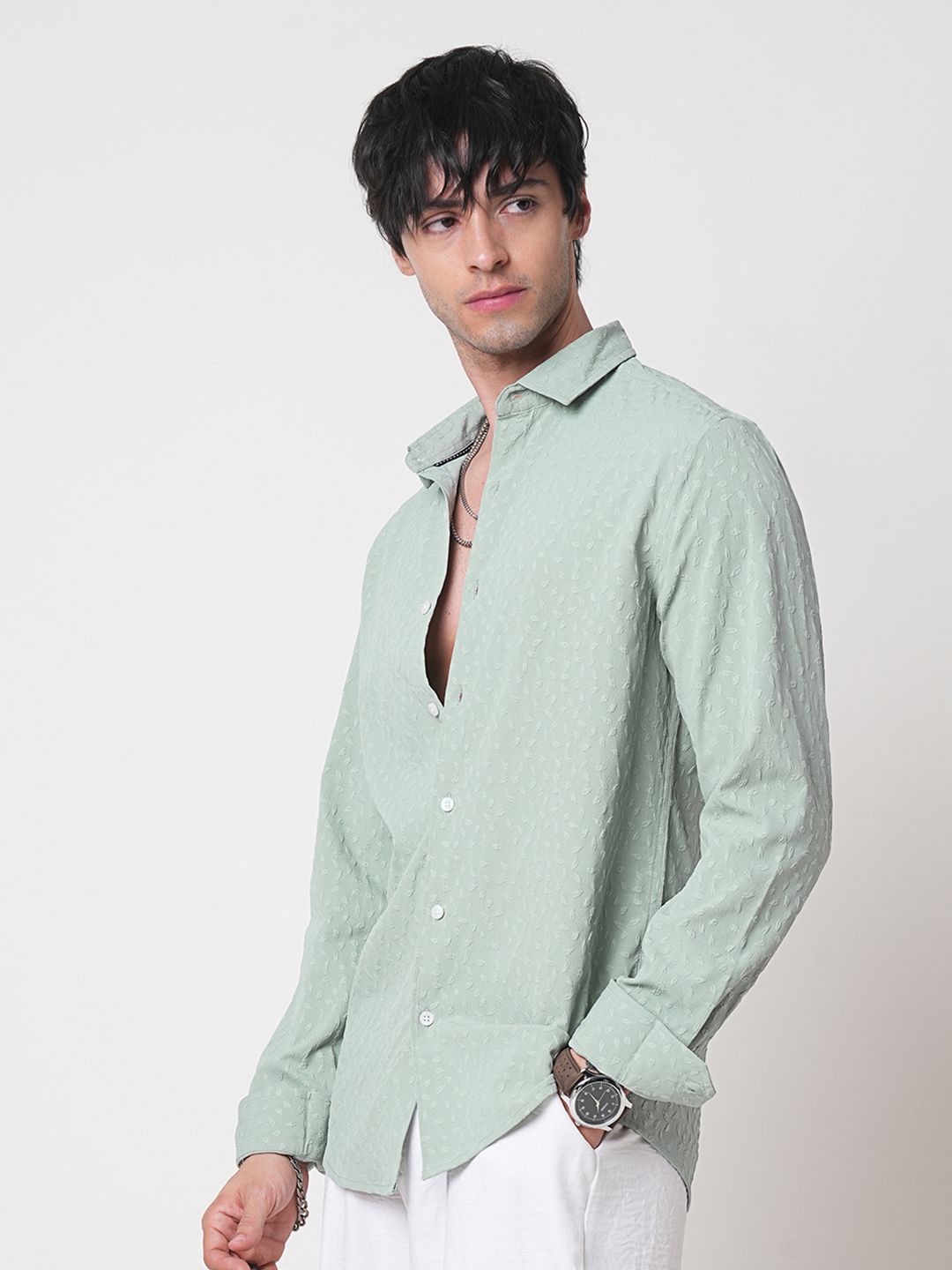 VASTRADO Men Classic Spread Collar Textured Slim Fit Casual Shirt