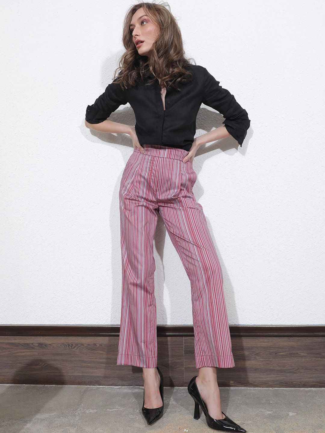 RAREISM Women Striped Slim Fit High-Rise Cotton Trousers