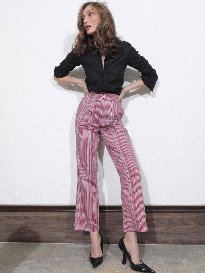 RAREISM Women Striped Slim Fit High-Rise Cotton Trousers