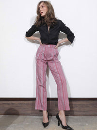 RAREISM Women Striped Slim Fit High-Rise Cotton Trousers