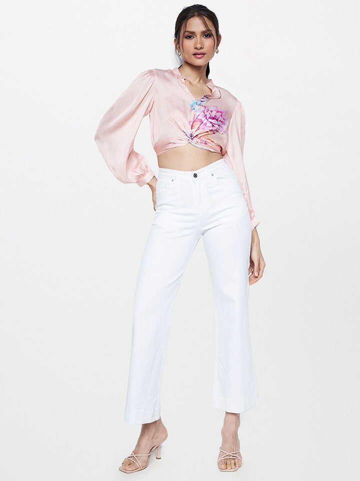 AND Floral Printed Mandarin Collar Cuffed Sleeves Twisted Detail Shirt Style Crop Top