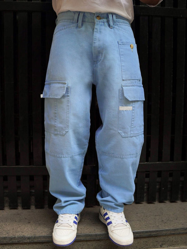 Powerlook Lelaki Clean Look Boyfriend Fit Light Fade Cotton Denim Baggy Fit Cargo Jeans