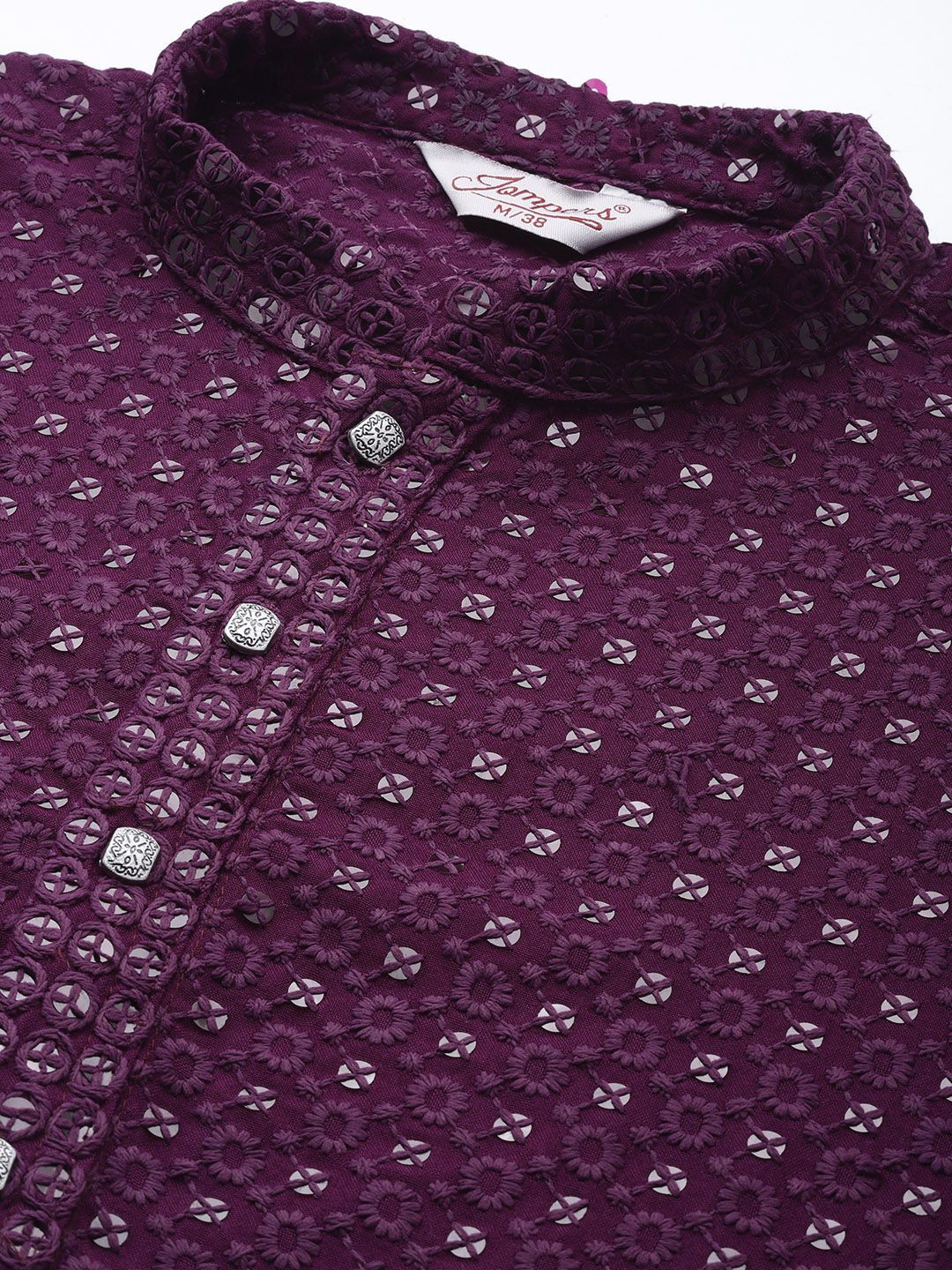 Jompers Men Floral Embroidered Chikankari Pure Cotton Kurta with Churidar