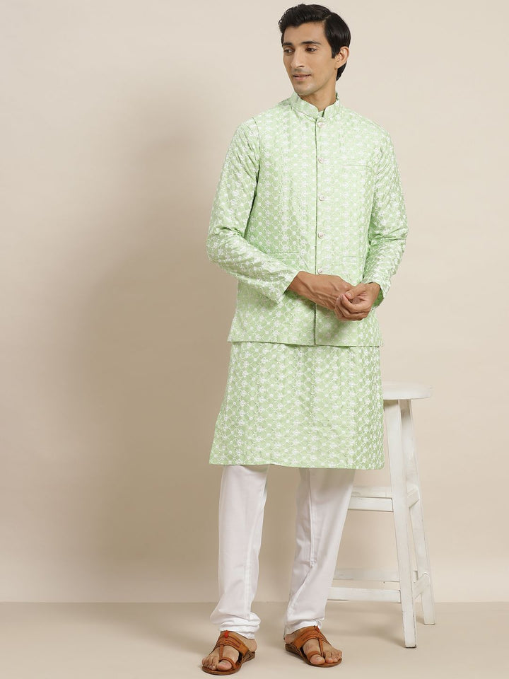 SOJANYA Set Kurta Sulam Bunga Hijau & Putih Lelaki & Jaket Nehru