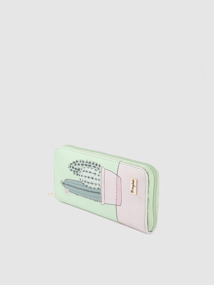 Berrylush Women Green & Pink Printed Zip Detail Zip Around Wallet