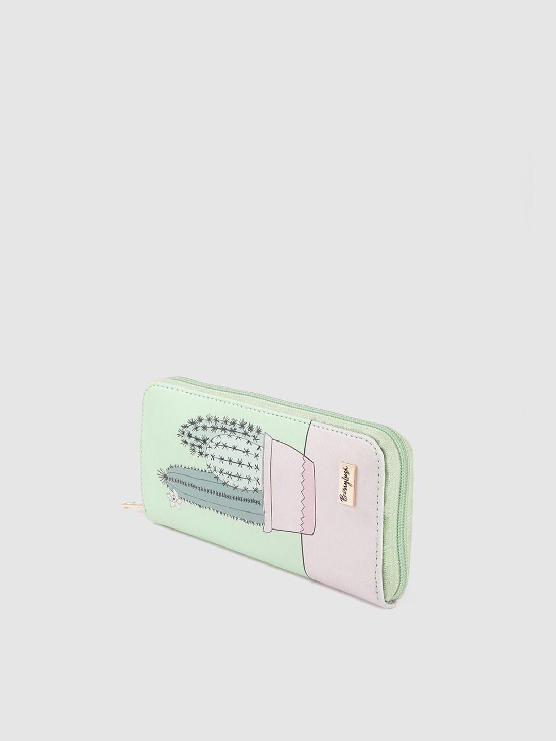 Berrylush Women Green & Pink Printed Zip Detail Zip Around Wallet