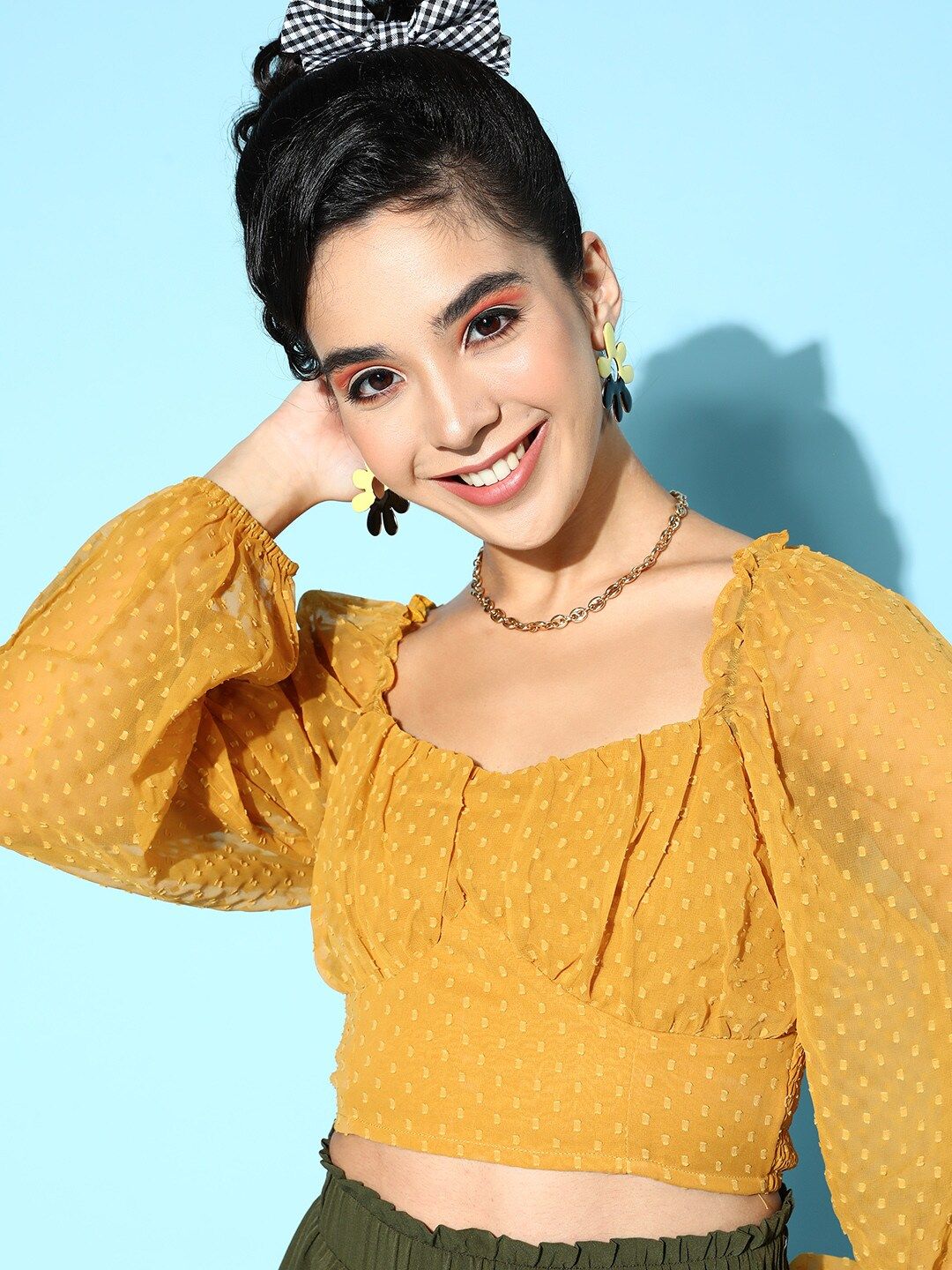 Berrylush Mustard Solid Once Upon a Sleeve Top