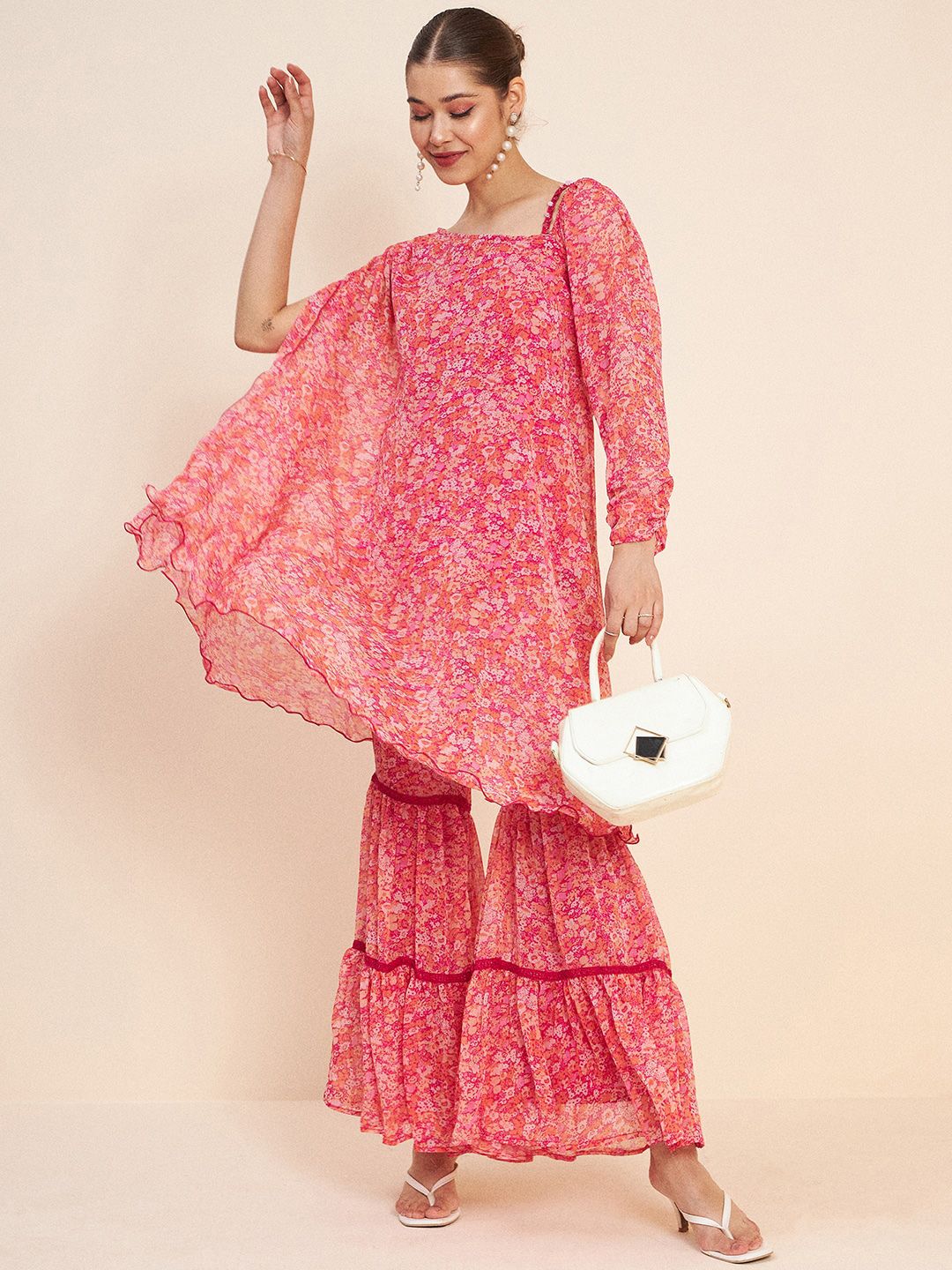 Antheaa Pink Floral Printed A-Line Kurta With Sharara
