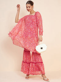 Antheaa Pink Floral Printed A-Line Kurta With Sharara