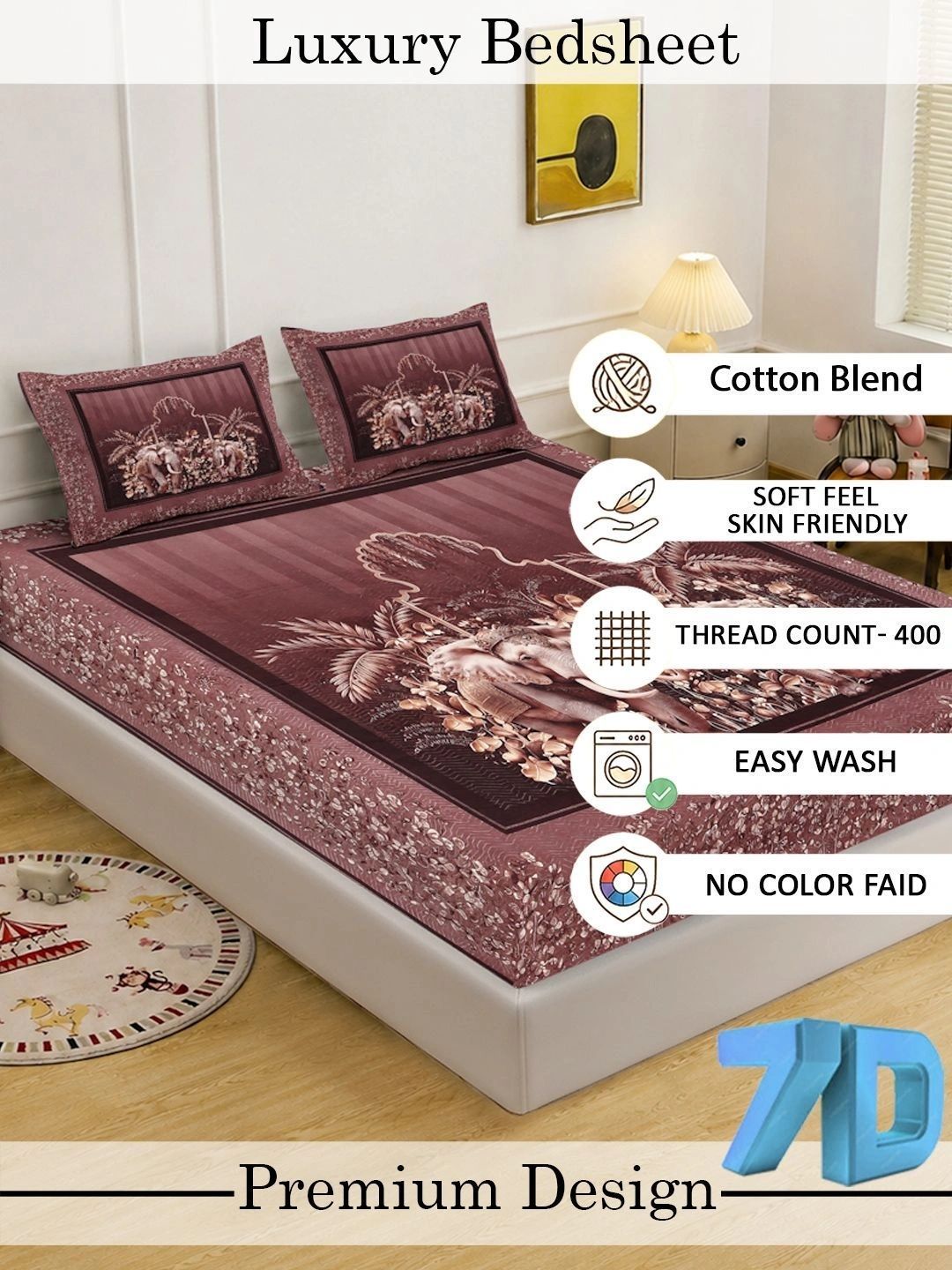 KLOTTHE Rust 400 TC King Bedsheet with 2 Pillow Covers