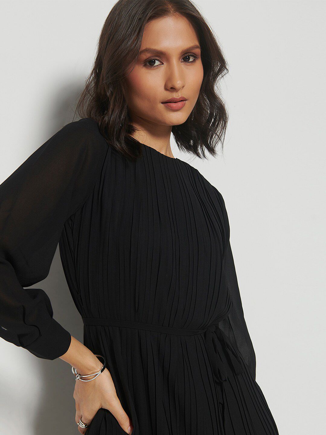 AND Cuffed Sleeves Accordion Pleated A-Line Dress