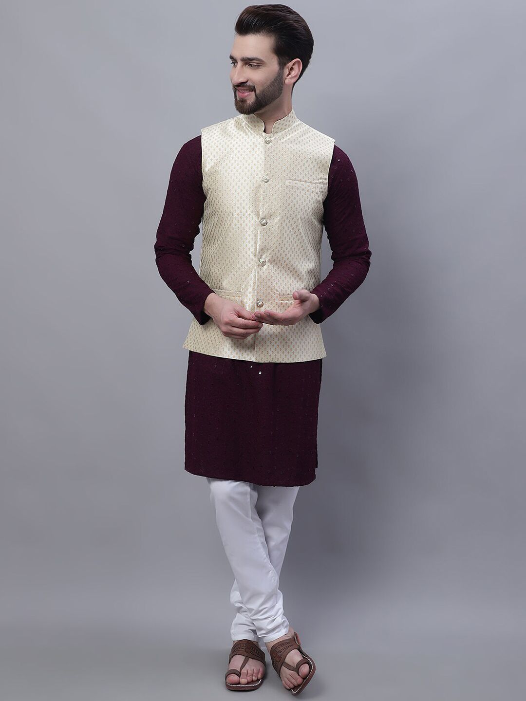 SOJANYA Men Ethnic Motifs Embroidered Pure Cotton Kurta With Churidar & Nehru Kurta