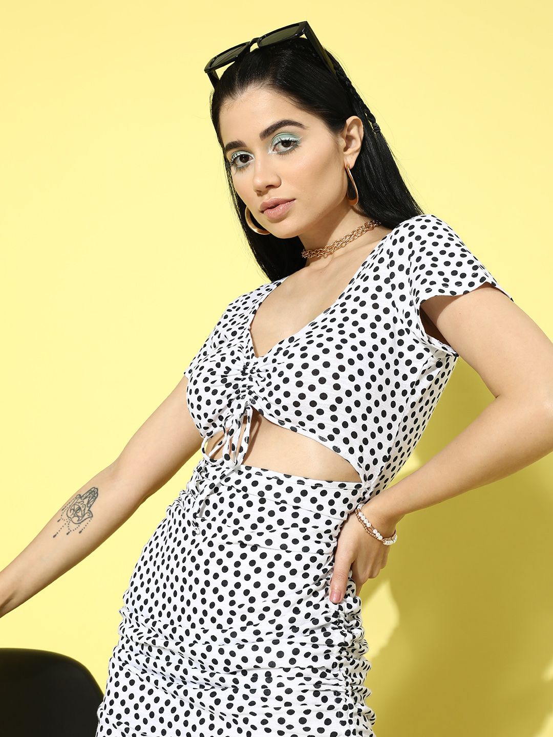 Berrylush White & Black Polka Dot Print Bodycon Mini Dress
