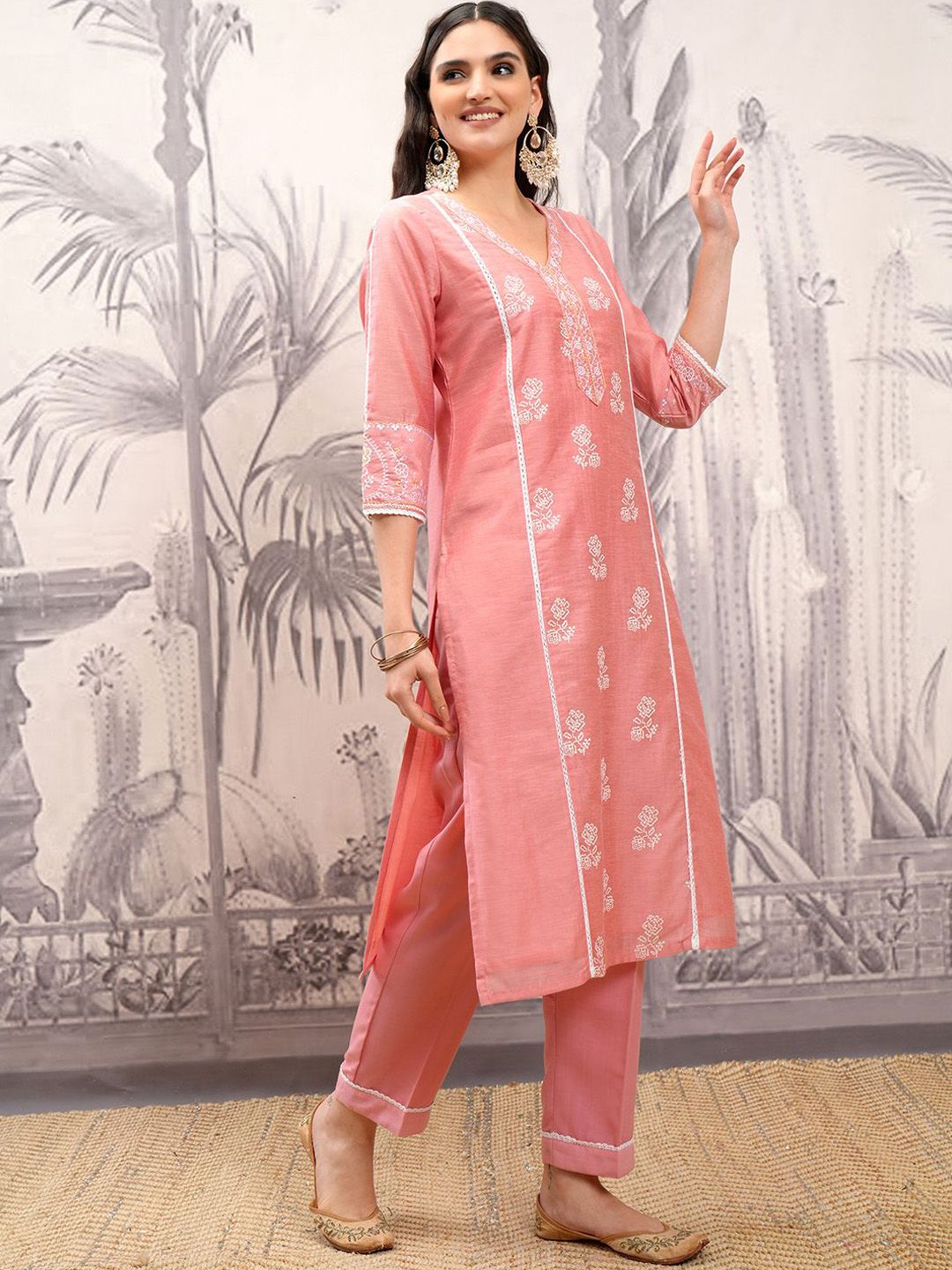 Vishudh Pink Floral Printed V-Neck Pure Cotton Straight Kurta With Trousers & Dupatta