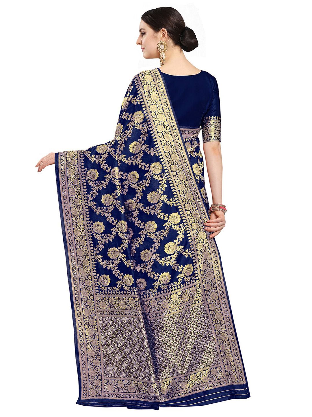 KALINI Navy Blue & Gold-Toned Woven Design Zari Silk Blend Fusion Banarasi Saree