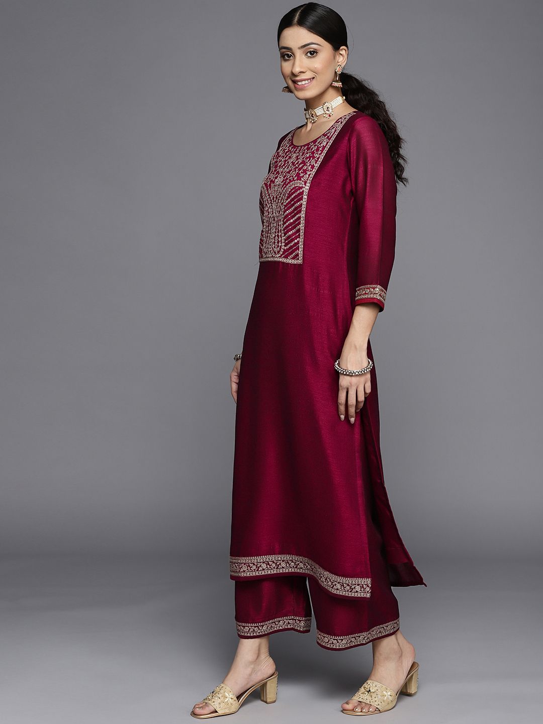 Libas Women Maroon Yoke Design Kurta