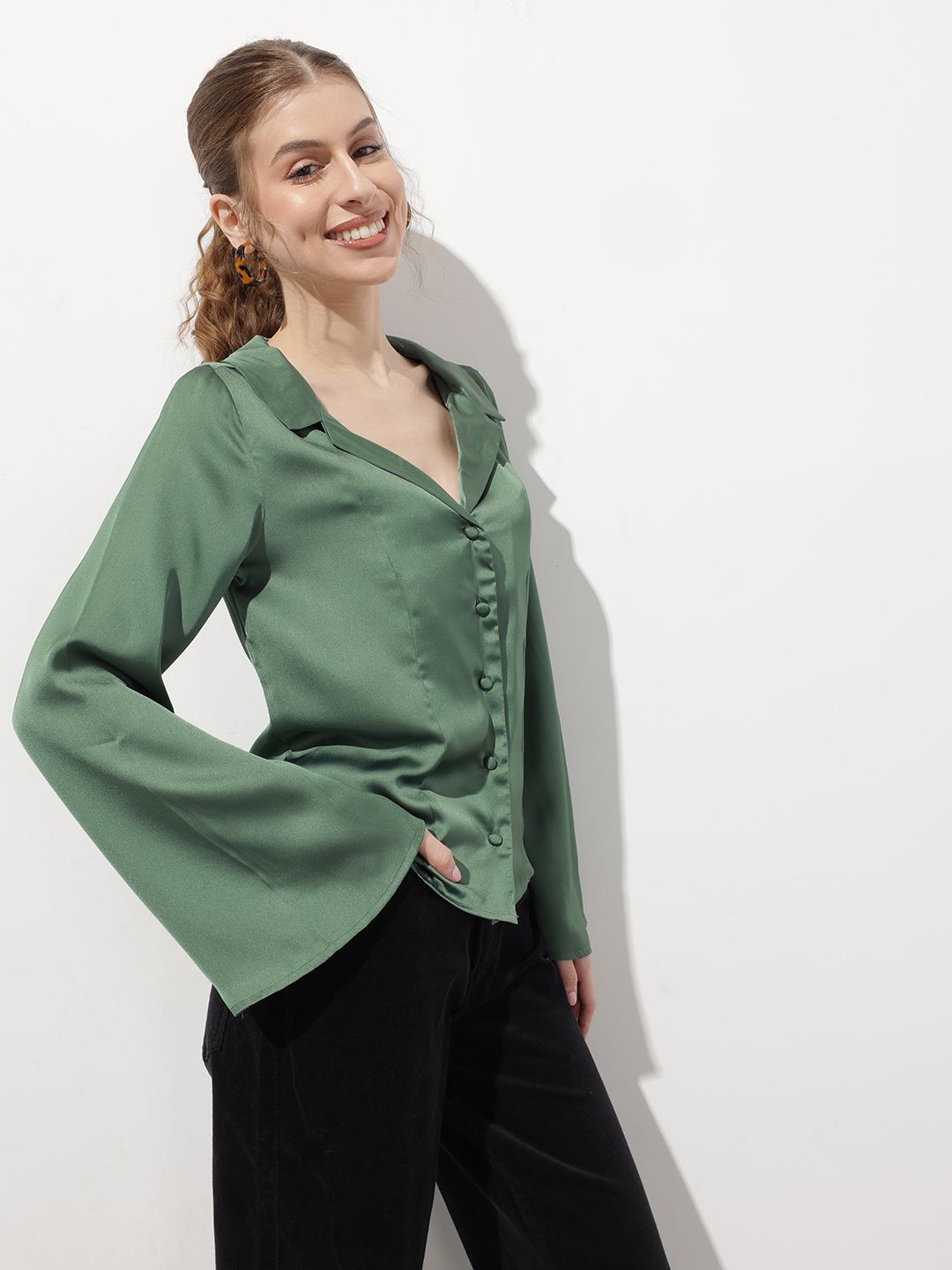 DressBerry Satin Attitude Lapel Collar Flared Sleeves Drama Shirt