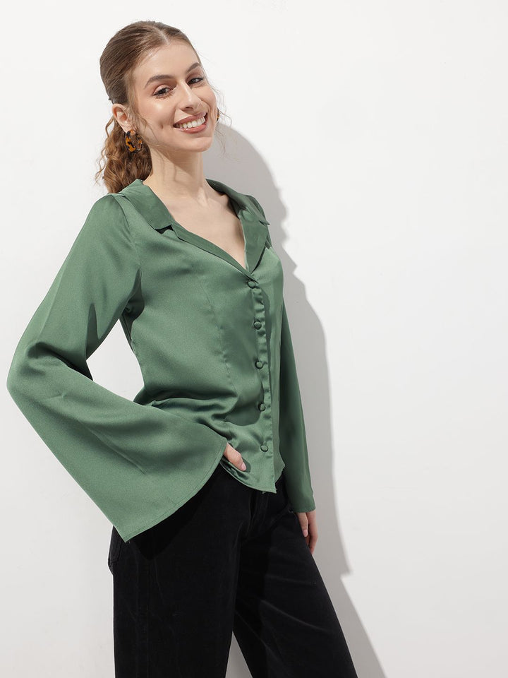 DressBerry Satin Attitude Lapel Collar Flared Sleeves Drama Shirt